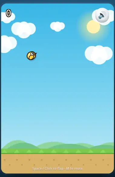 A Flappy Bird clone playing: a yellow bird flapping between green pipes on a blue sky, then hitting the first pipe