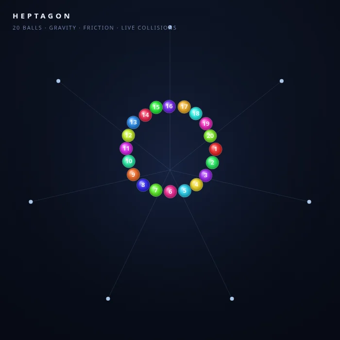 Twenty numbered balls piled at the bottom of a dark heptagon outline